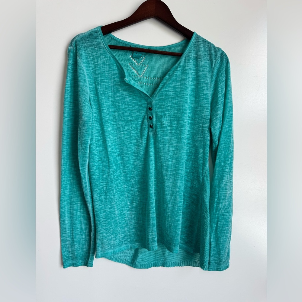 Ariat Women medium Pointelle Open Knit Teal Green Long Sleeve Henley Top western
